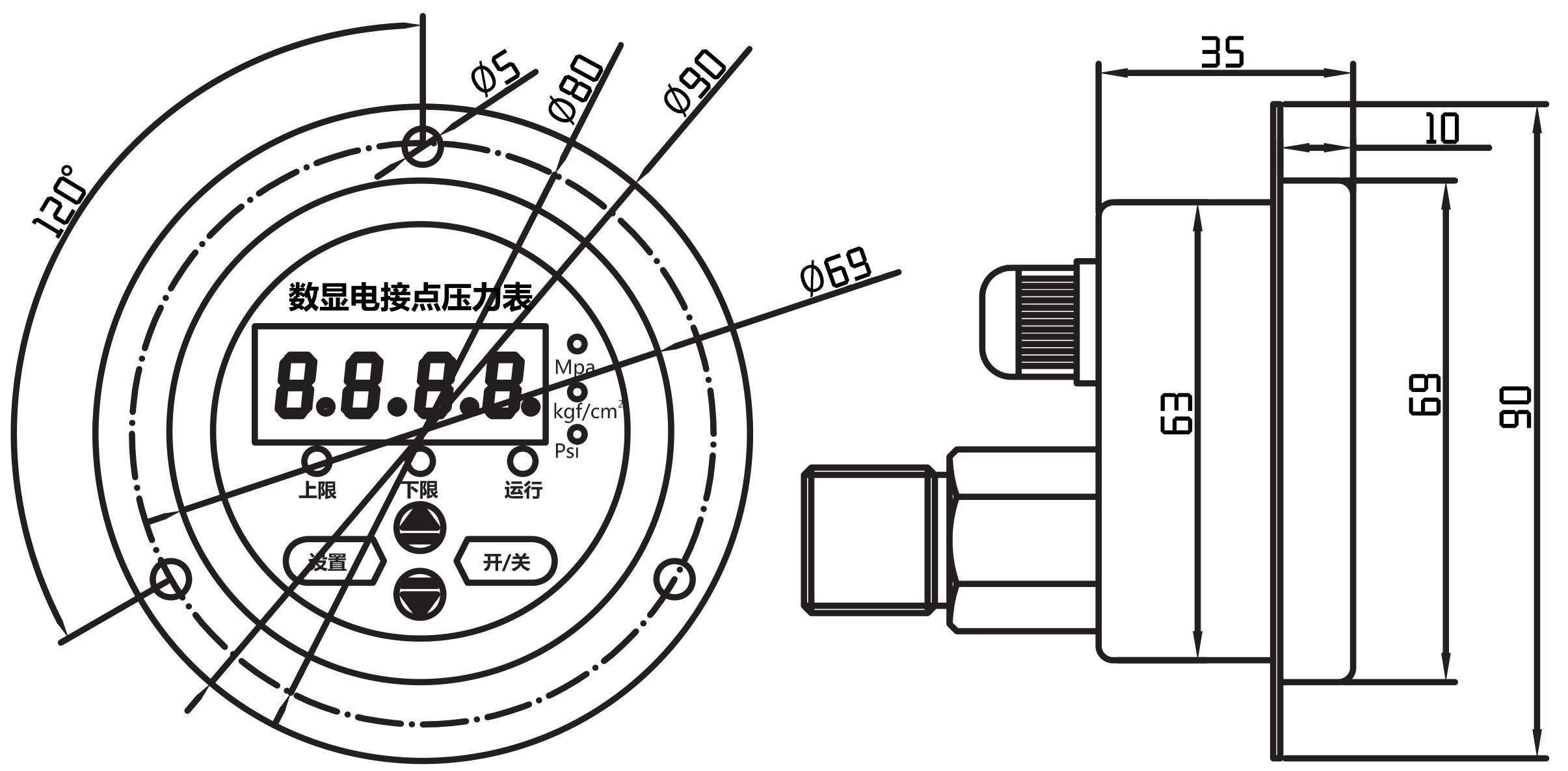 YL-820Z電接點壓力表尺寸圖